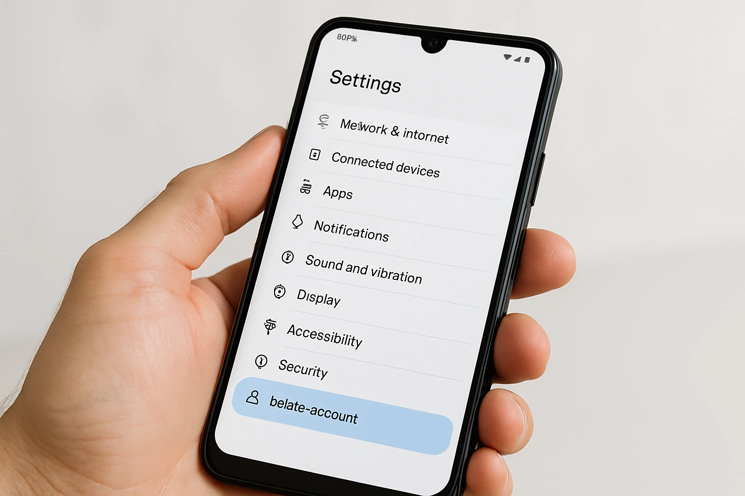 Hand holding an Android phone displaying the Settings menu with the 'Delete Account' option highlighted, showing the first step to delete Bigo Live on Android.