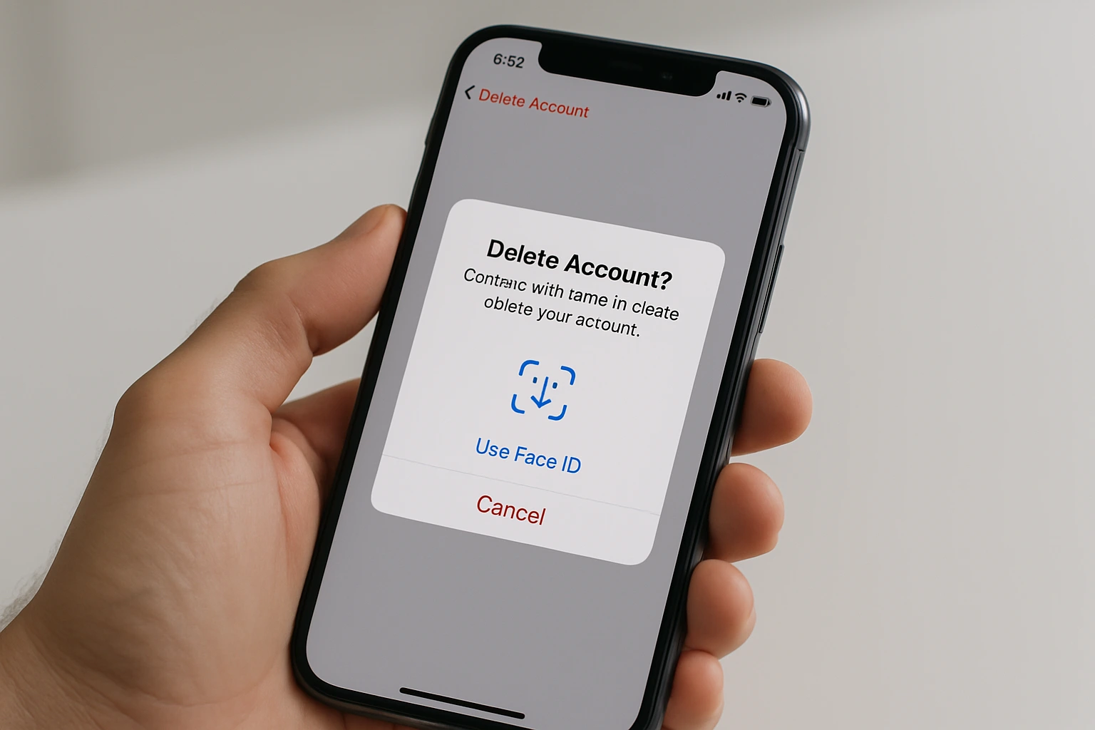 Close-up of an iPhone screen showing a Face ID prompt for account deletion confirmation, highlighting the extra security step for Bigo Live on iOS.