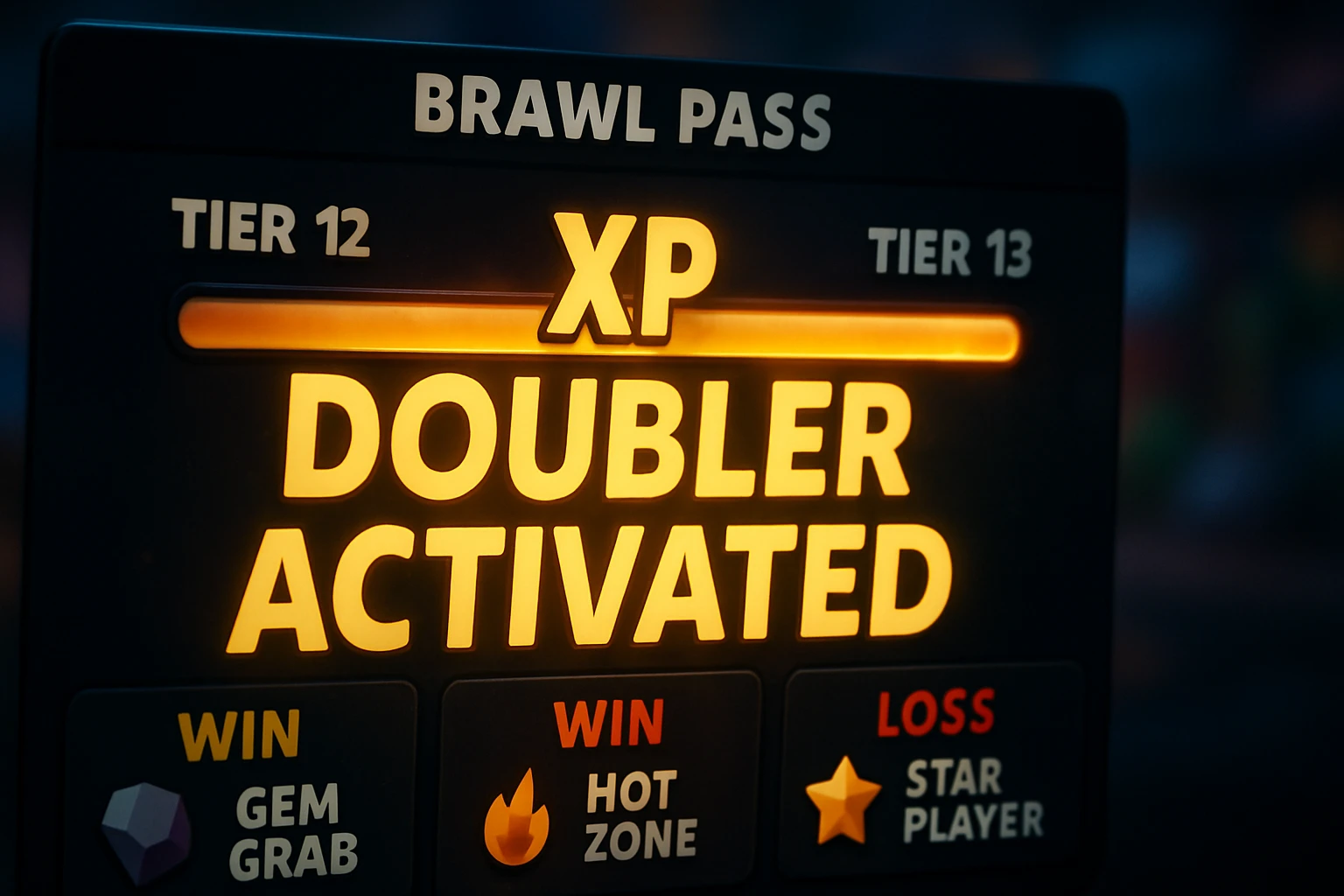 Hyper-realistic image of a Brawl Pass screen showing rapid progression from Tier 12 to Tier 13 with an XP Doubler, highlighting three battle results: Gem Grab Win, Hot Zone Win, and Loss Star Player