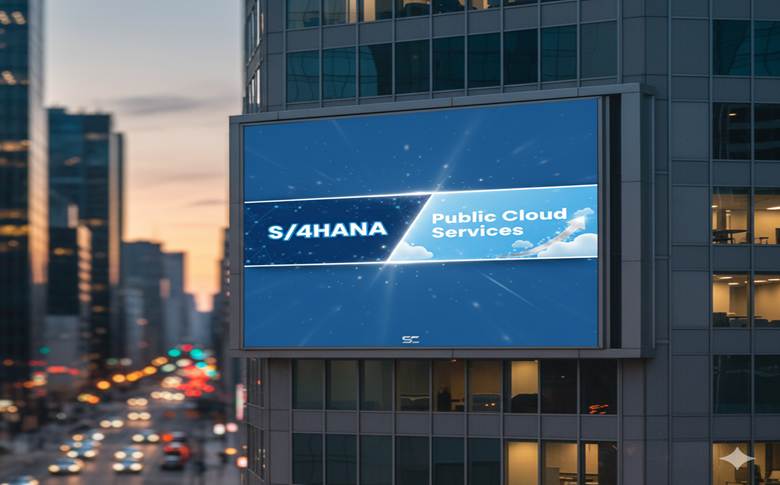 When Your Business Can’t Wait: How S/4HANA Public Cloud Frees You from Manual Work, Missed Orders, and Costly Delays S/4HANA Public Cloud Services billboard on a modern high-rise building in a city at sunset