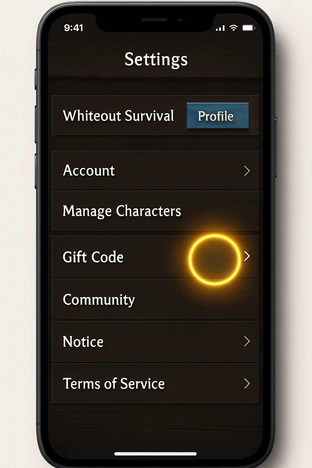 A screenshot-style image of the Whiteout Survival game's settings menu on a phone, with a glowing circle highlighting the 'Gift Code' option to indicate it should be tapped.