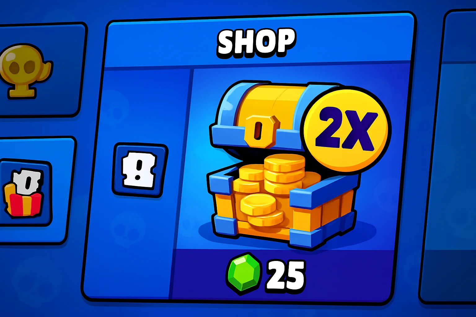 A realistic, cartoon-style horizontal image of the Brawl Stars in-game Shop interface. The central focus is a blue and yellow treasure chest with a large '2X' icon, representing an XP Doubler pack, priced at 25 green Gems. The background shows other shop icons, suggesting various ways to acquire in-game items.
