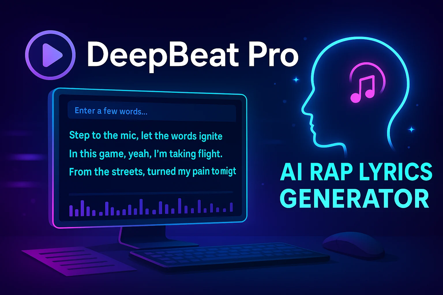 DeepBeat Pro AI rap lyric generator showing punchy rap lines on a glowing tech screen.
