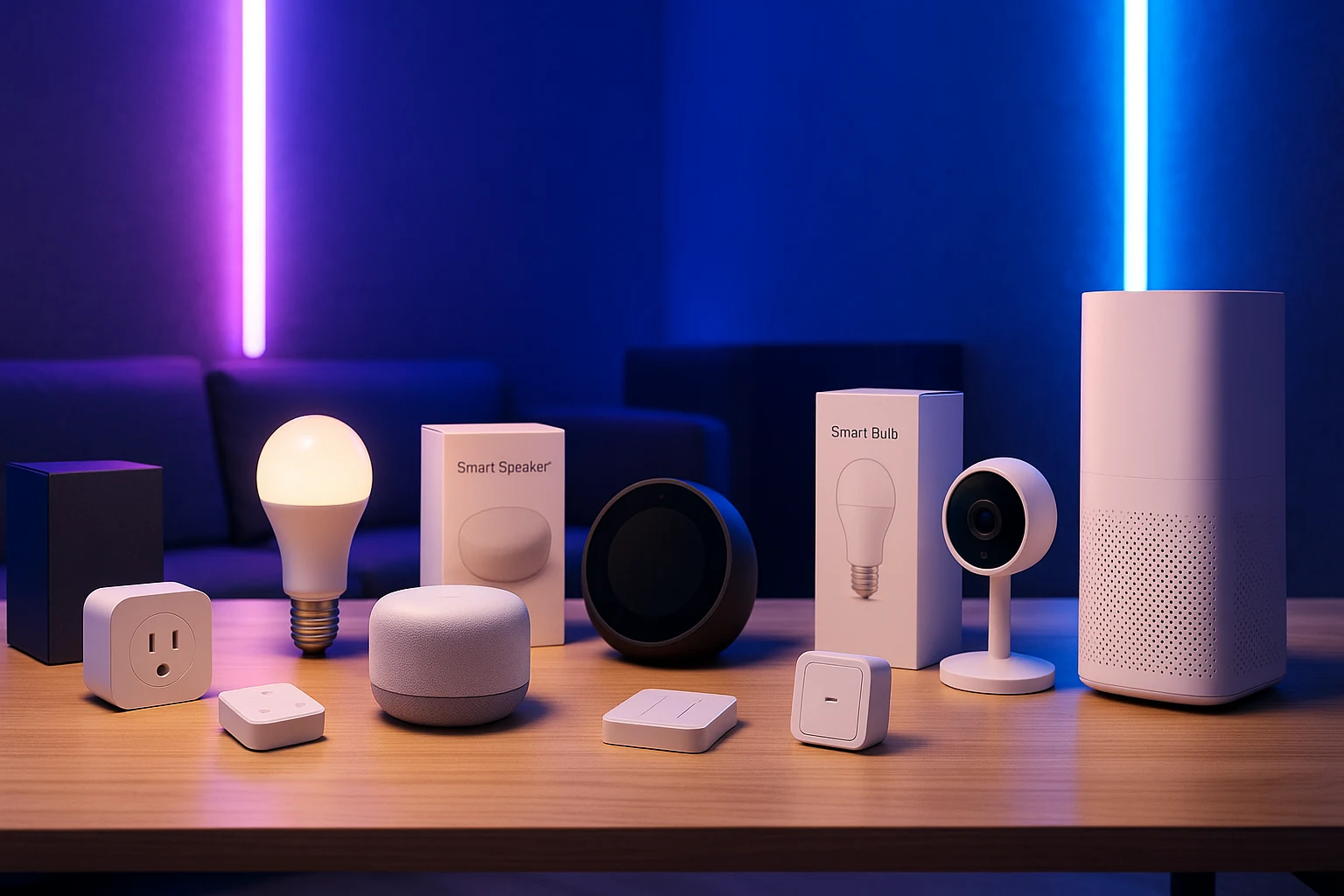 smart home devices arranged on a table in a modern RGB-lit tech studio with bulbs, plugs, speakers, and camera setups