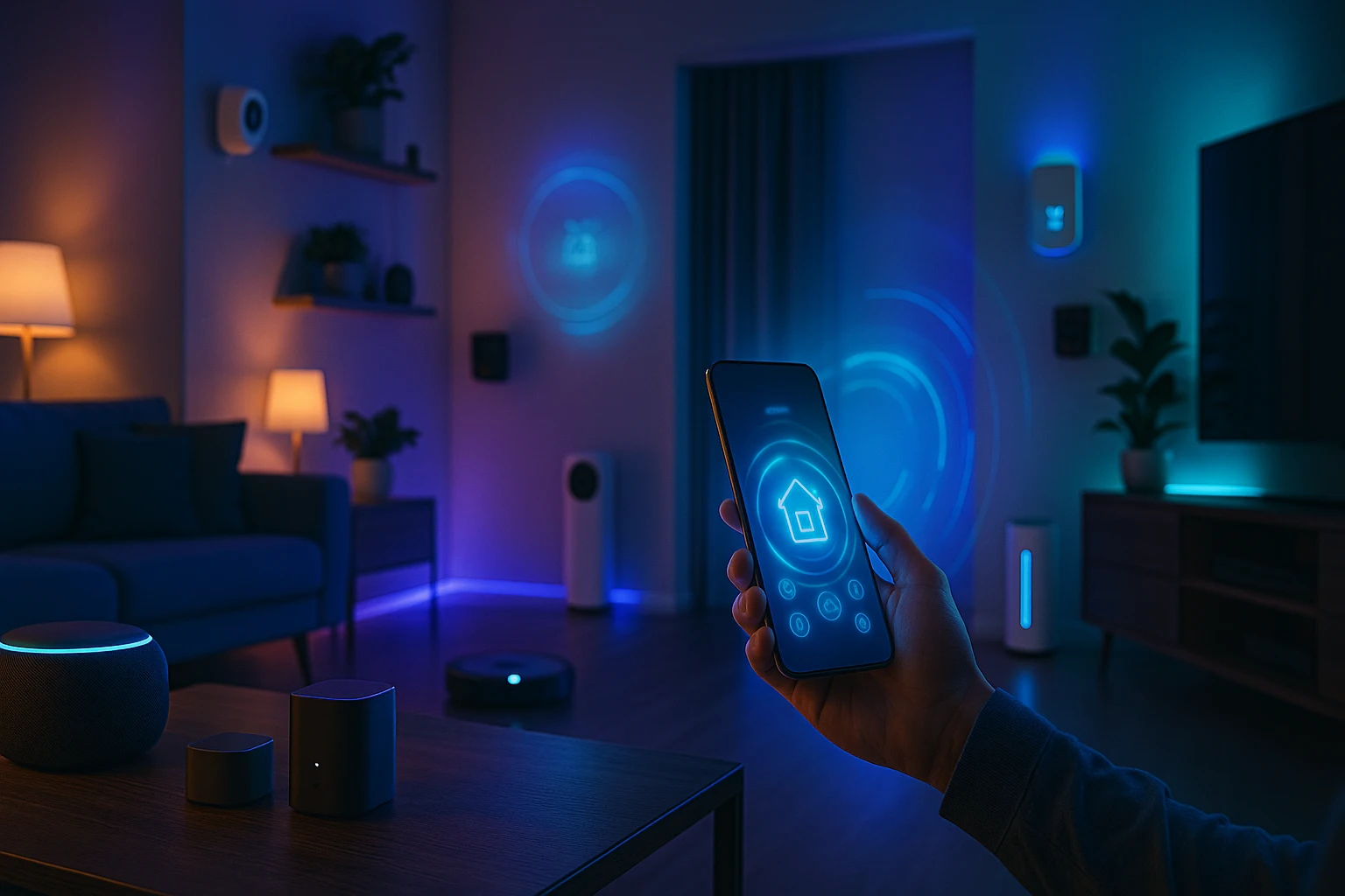 futuristic smart home with AI automation showing glowing controls, smart devices, and ambient RGB lighting in a modern living room