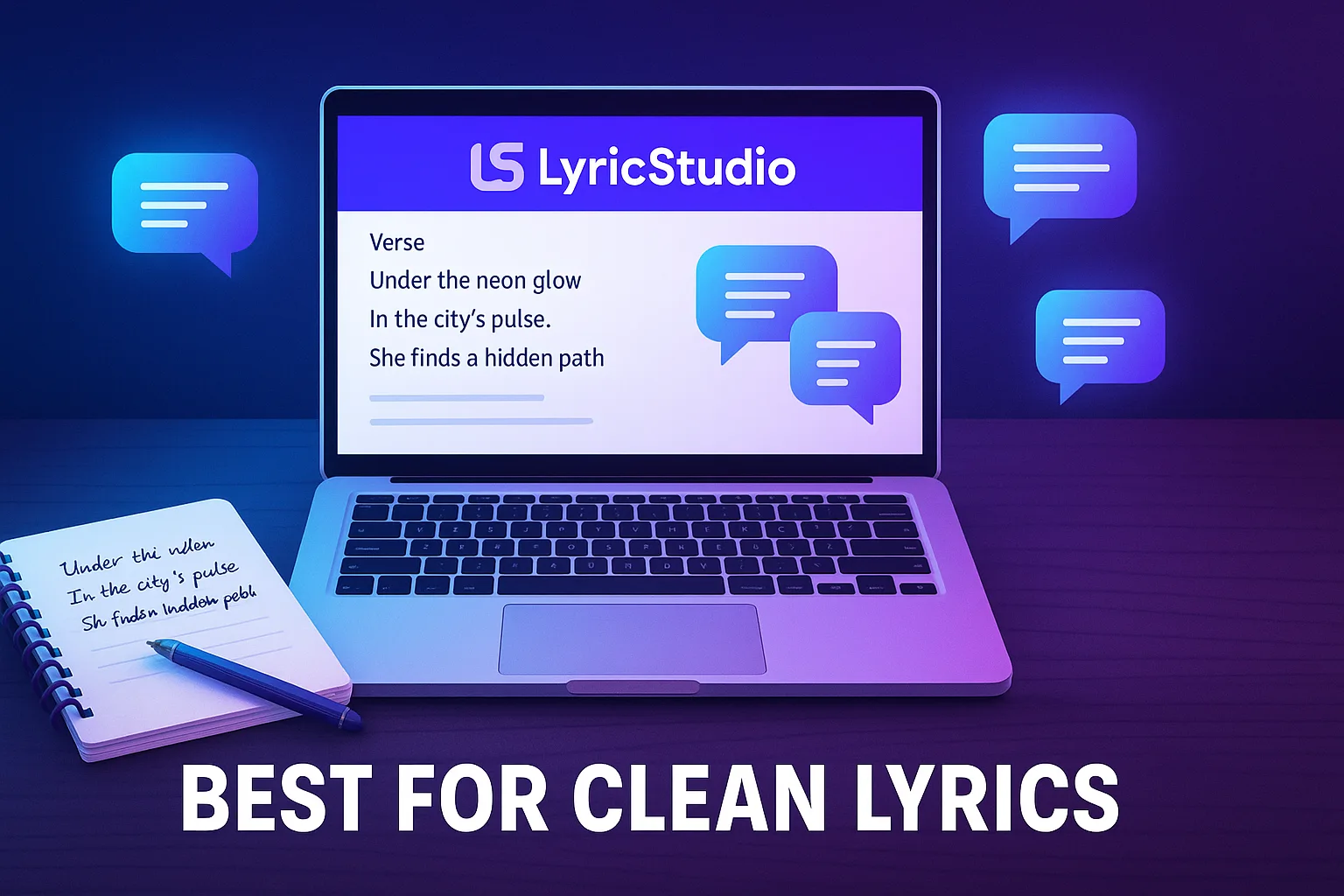 Best AI platform like ChatGPT make the best lyrics showing LyricStudio interface on a laptop with lyric notes.