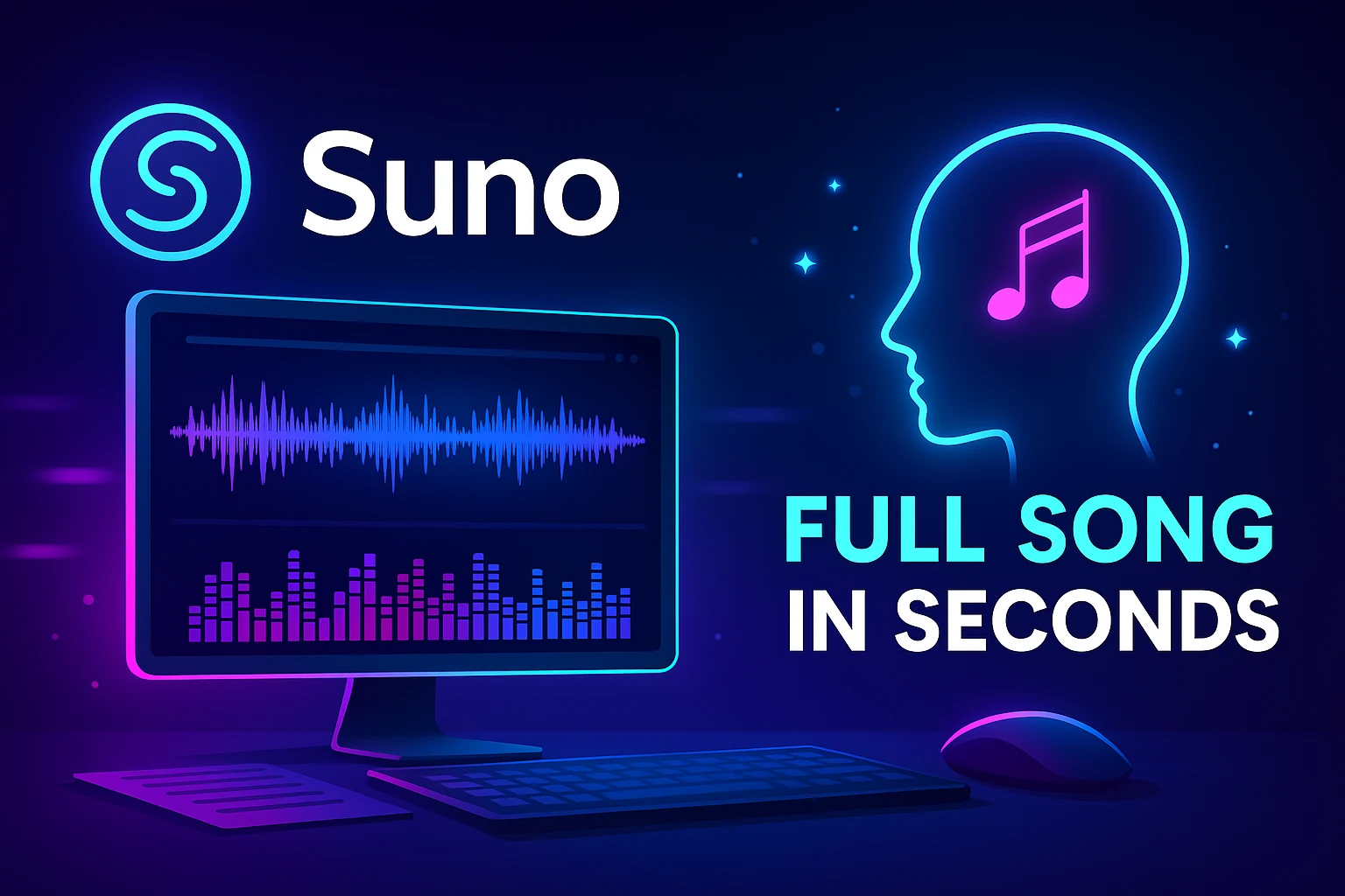 Suno AI creating a full song with waveform graphics and neon tech design.