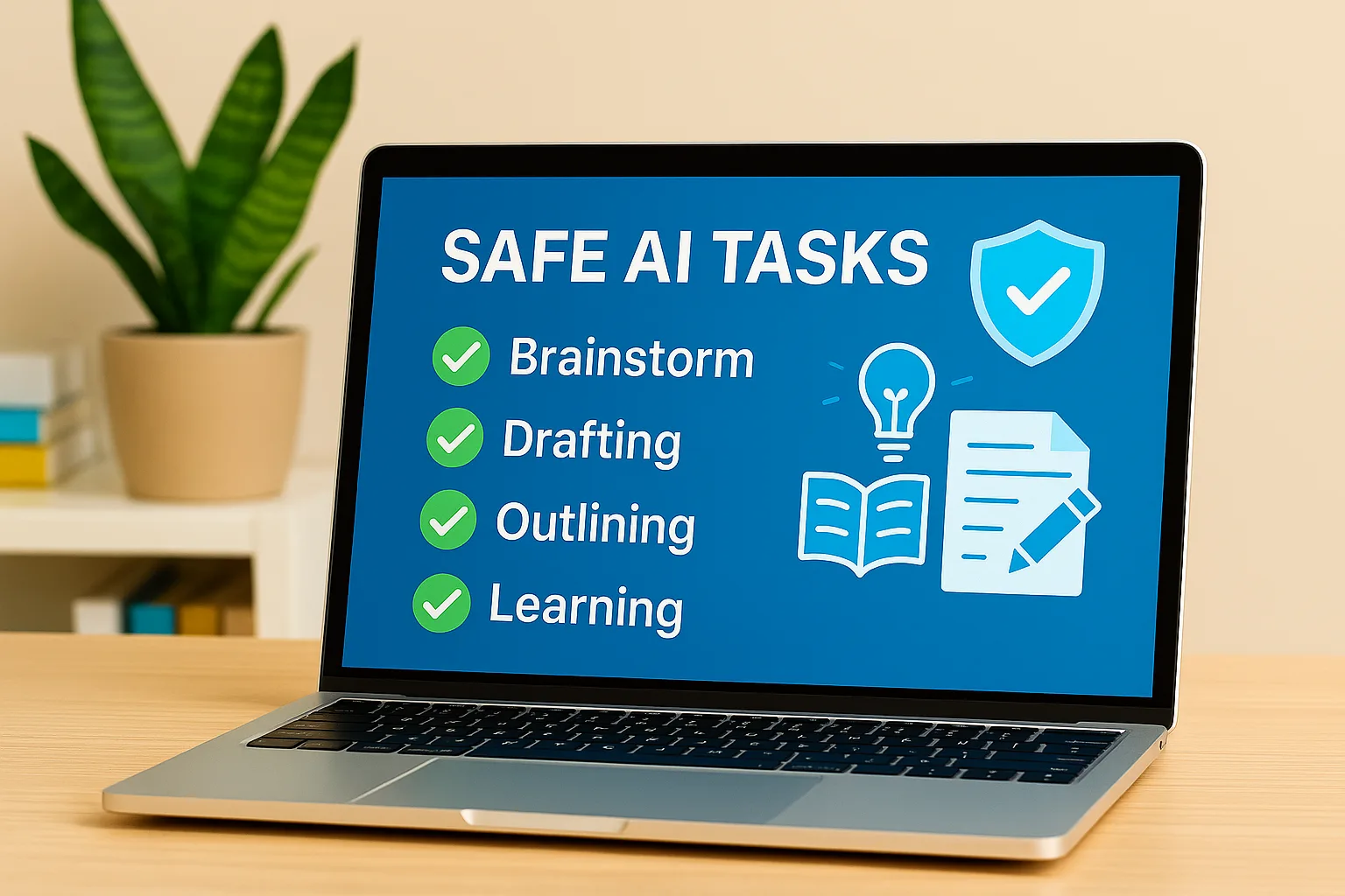 A clean office desk with a laptop showing safe AI tasks like brainstorming and drafting, representing how to use ai at work that block it without sharing private data.