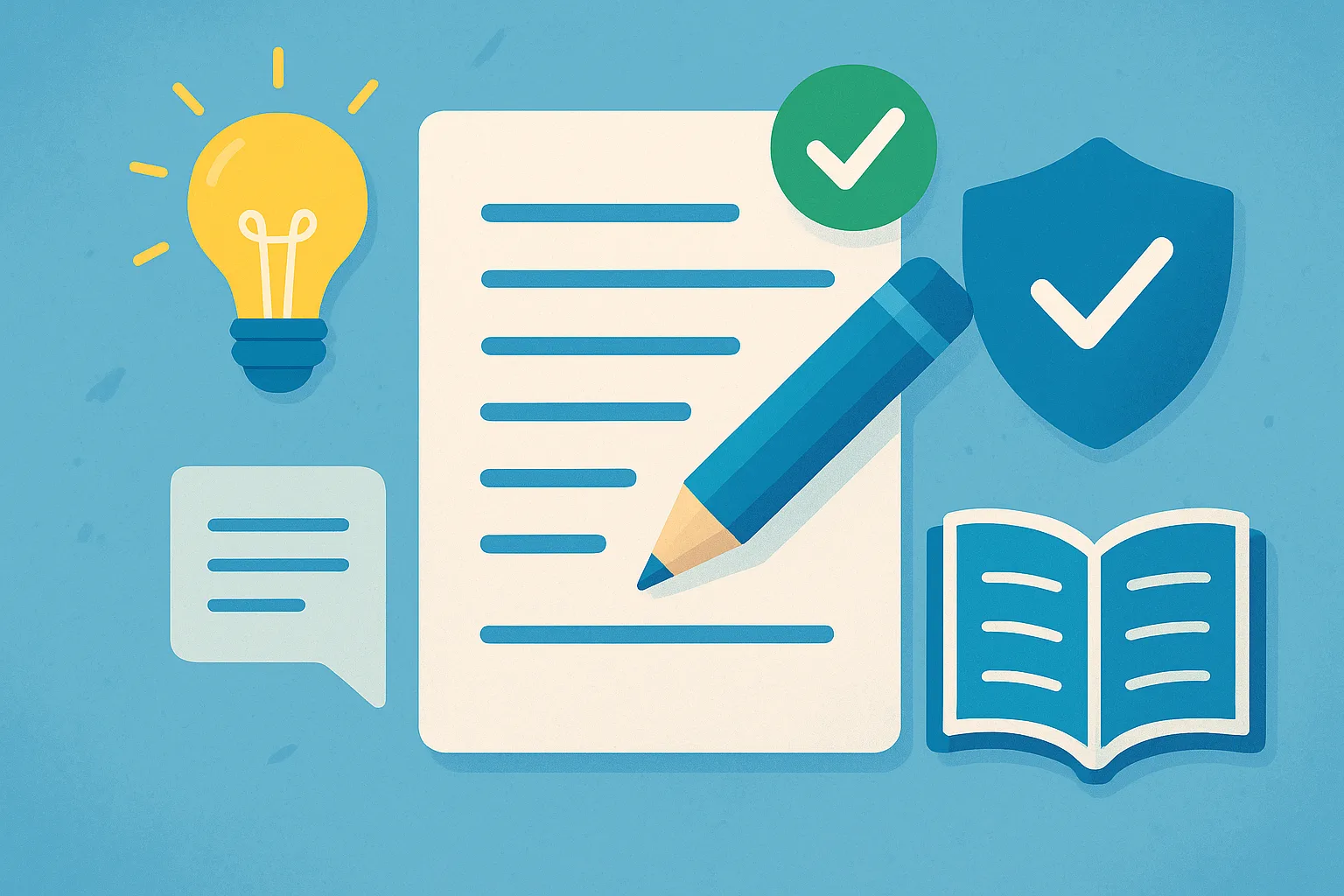 A detailed blue illustration showing a document, pencil, shield icon, and lightbulb symbolizing local AI tools working offline with safe on-device processing.