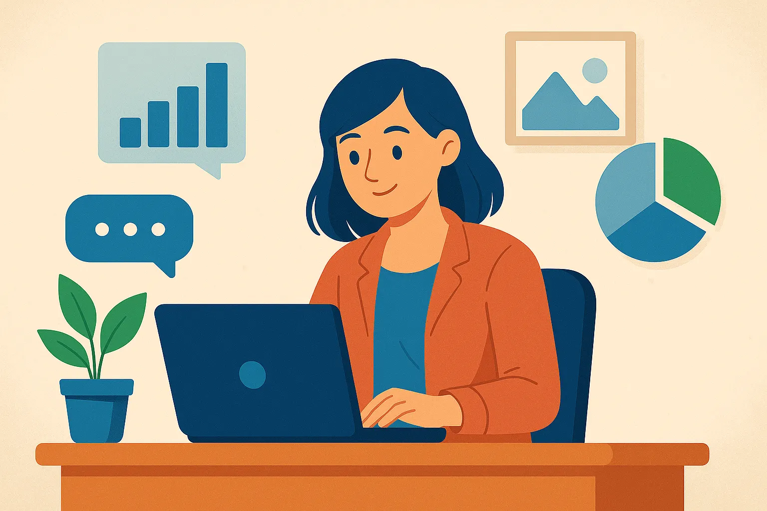 A balanced blue illustration showing safe writing and idea icons like a document, pencil, shield, and lightbulb representing ethical and responsible AI productivity in restricted workplaces.