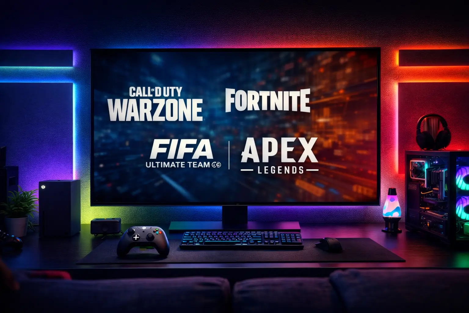 rgb gaming room with a large wall mounted tv displaying popular multiplayer games and an xbox series x setup