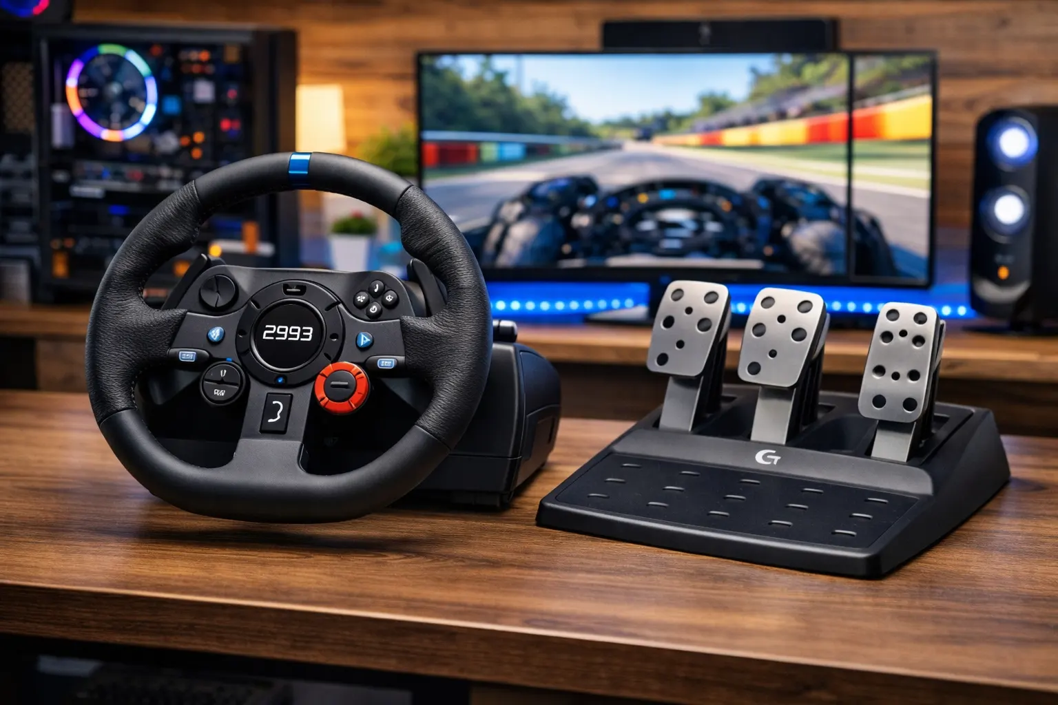  Logitech G923 racing wheel and pedals setup on a gaming desk for beginner racing games