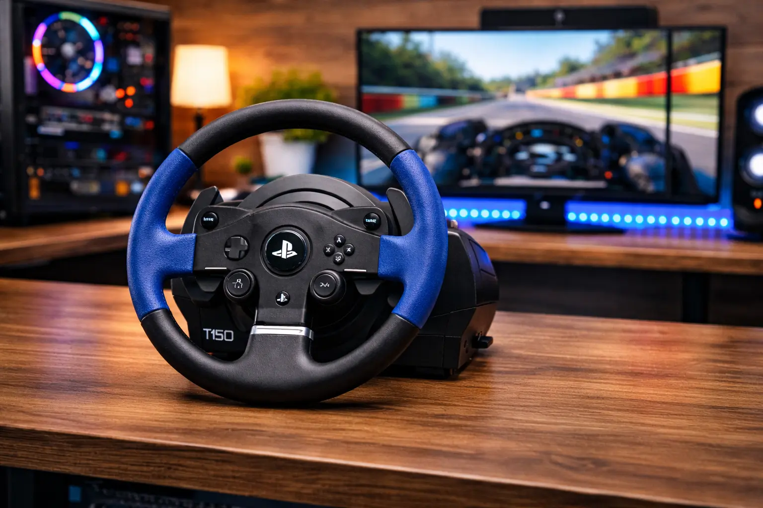 Thrustmaster T150 racing wheel on a gaming desk in a modern gaming room setup