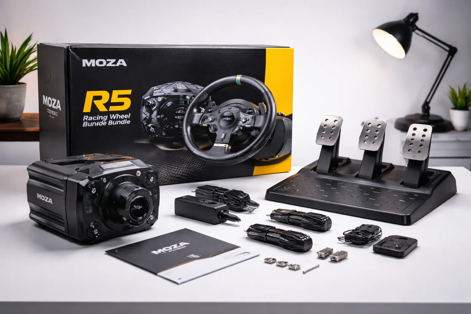 MOZA R5 bundle direct drive racing wheel unboxing with wheel base, pedals, and accessories