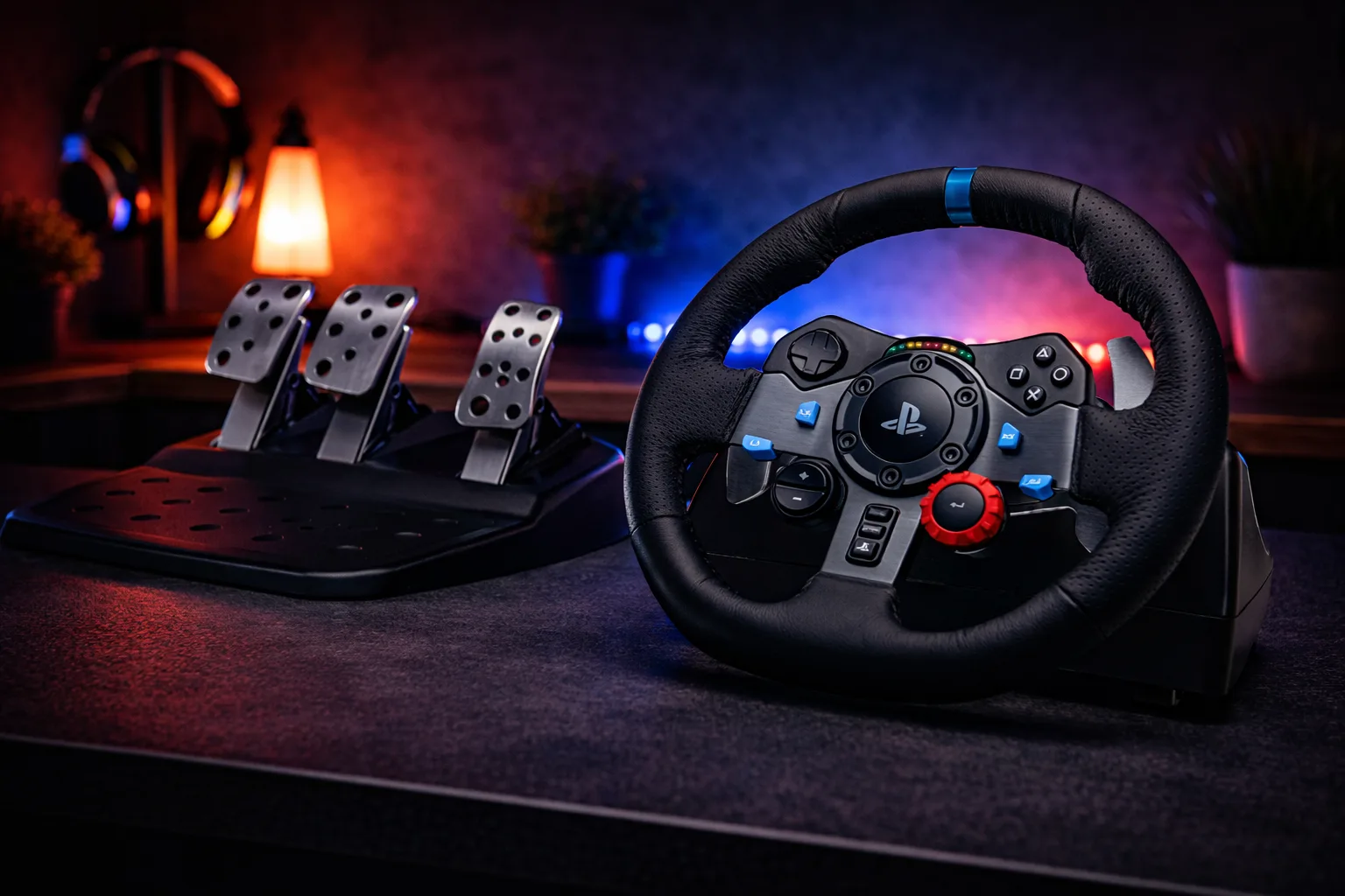 Logitech G29 and G920 classic racing wheel with pedals in a dark gaming style setup