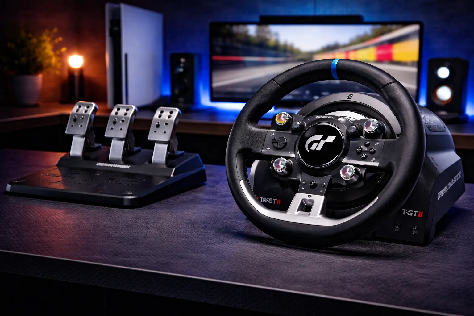 Thrustmaster T-GT II premium racing wheel with pedals on a professional gaming desk setup