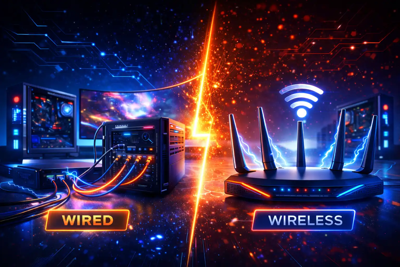 wired vs wireless gaming network setup showing ethernet and wi-fi connections