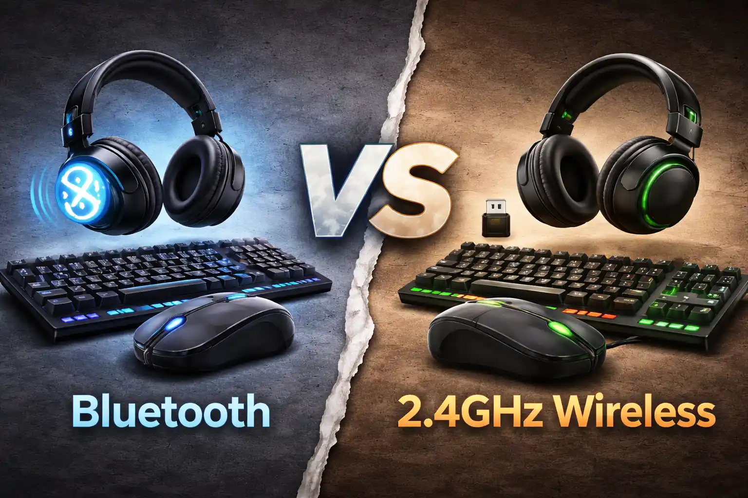 Bluetooth vs 2.4GHz: Which Wireless Is Better for Gaming? Bluetooth vs 2.4GHz wireless gaming comparison showing mouse keyboard and headset performance differences