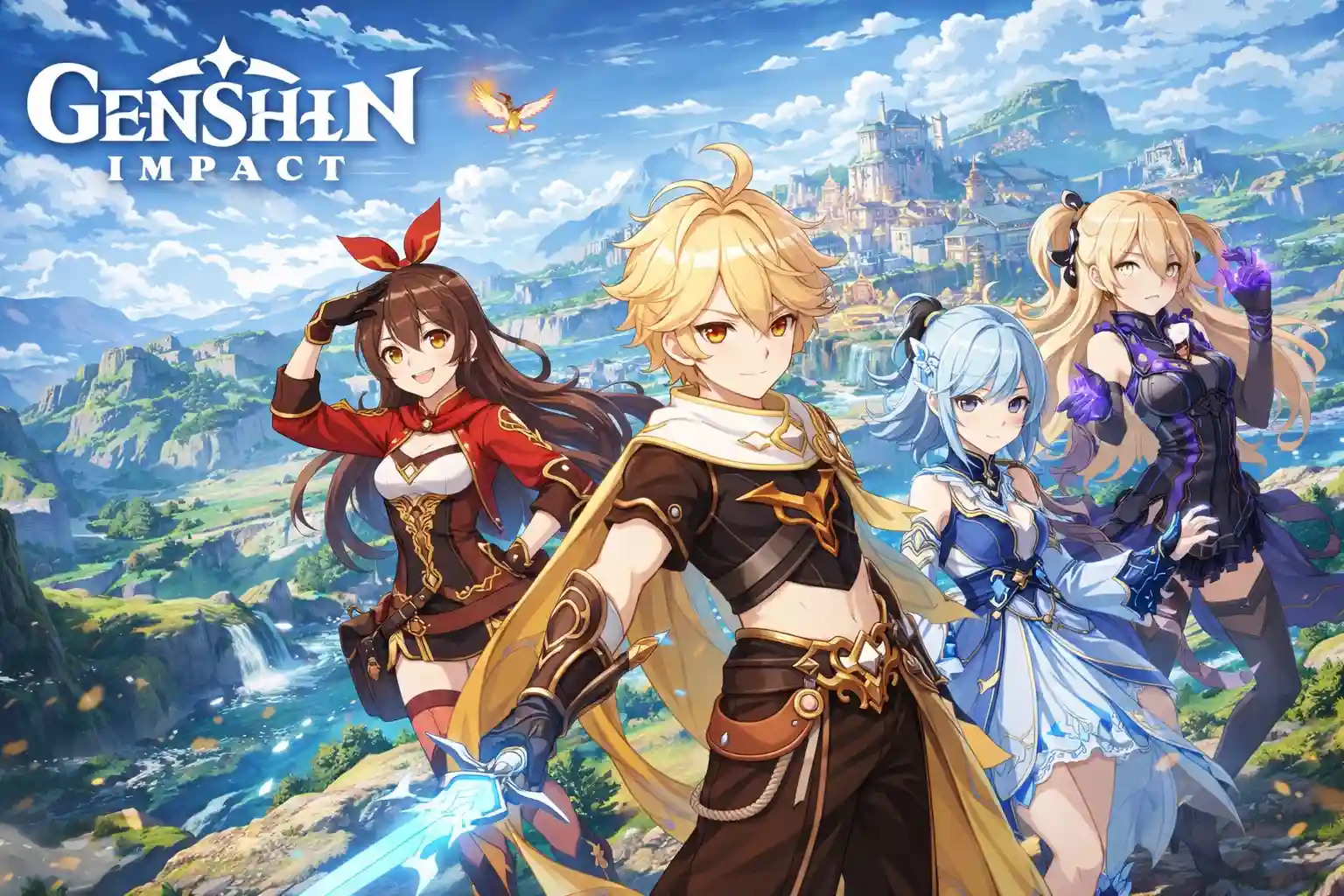 fantasy open world scene from genshin impact showing characters and story-driven gameplay
