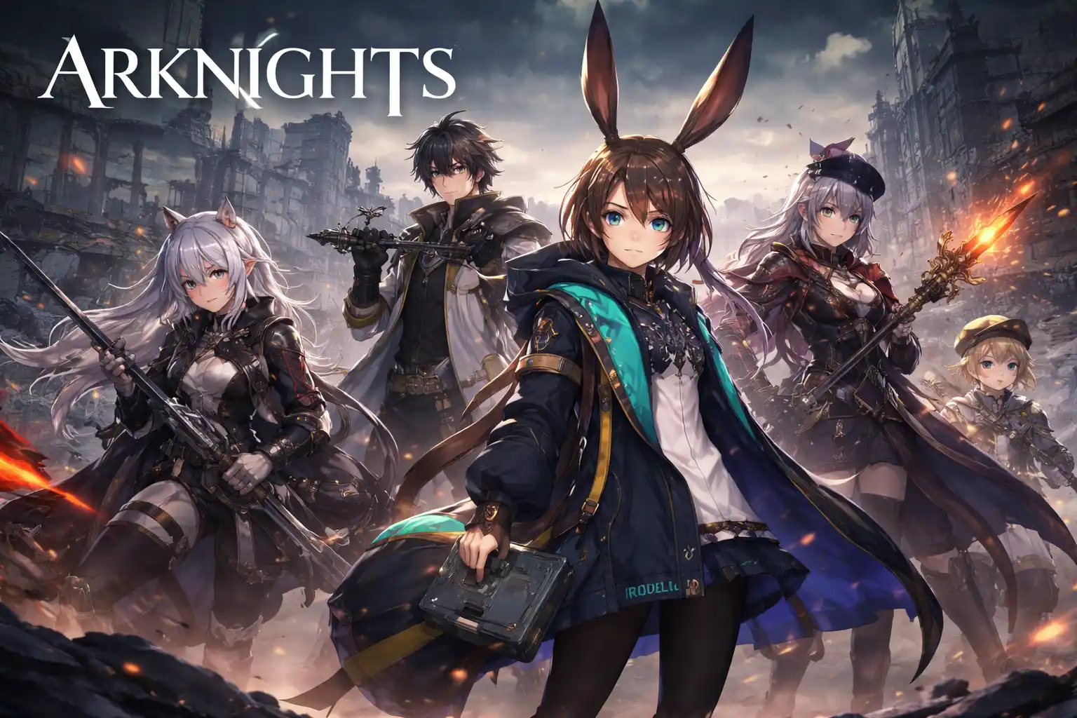 dark futuristic world scene from arknights highlighting characters and serious storyline