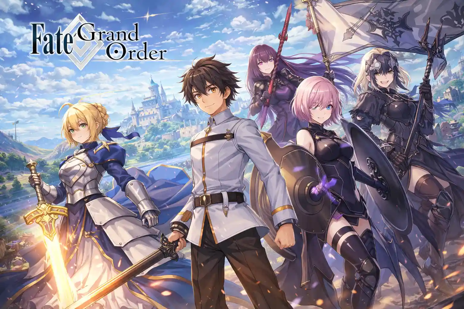 fantasy storytelling scene from fate grand order with heroic characters and lore