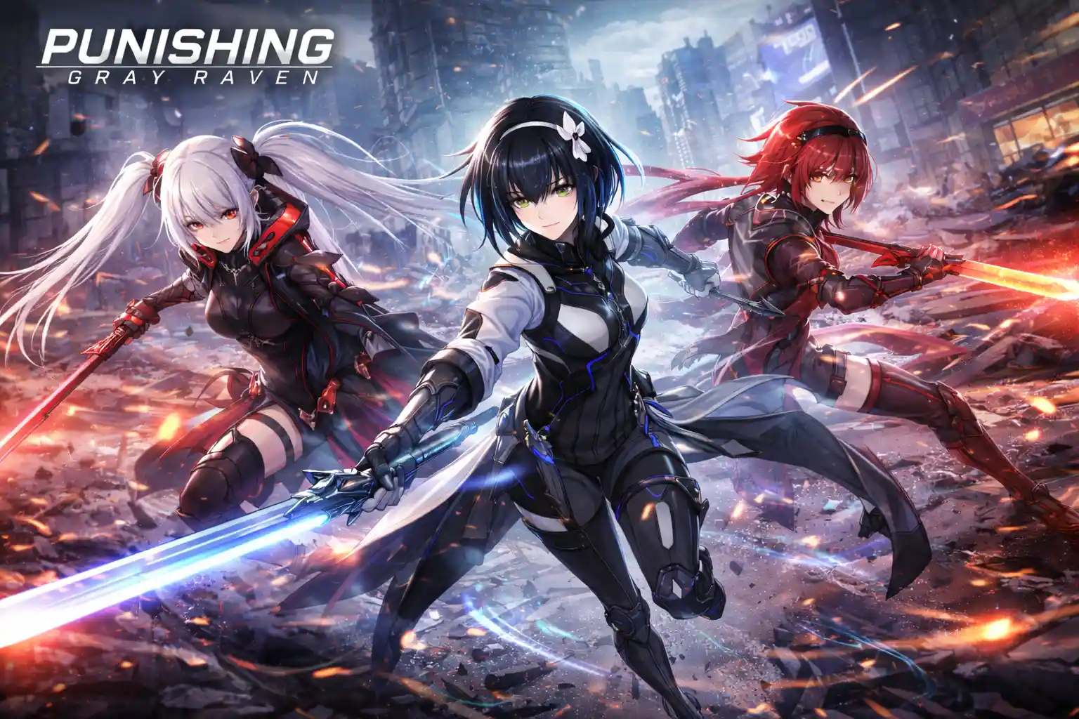 post-apocalyptic action rpg scene from punishing gray raven with intense characters