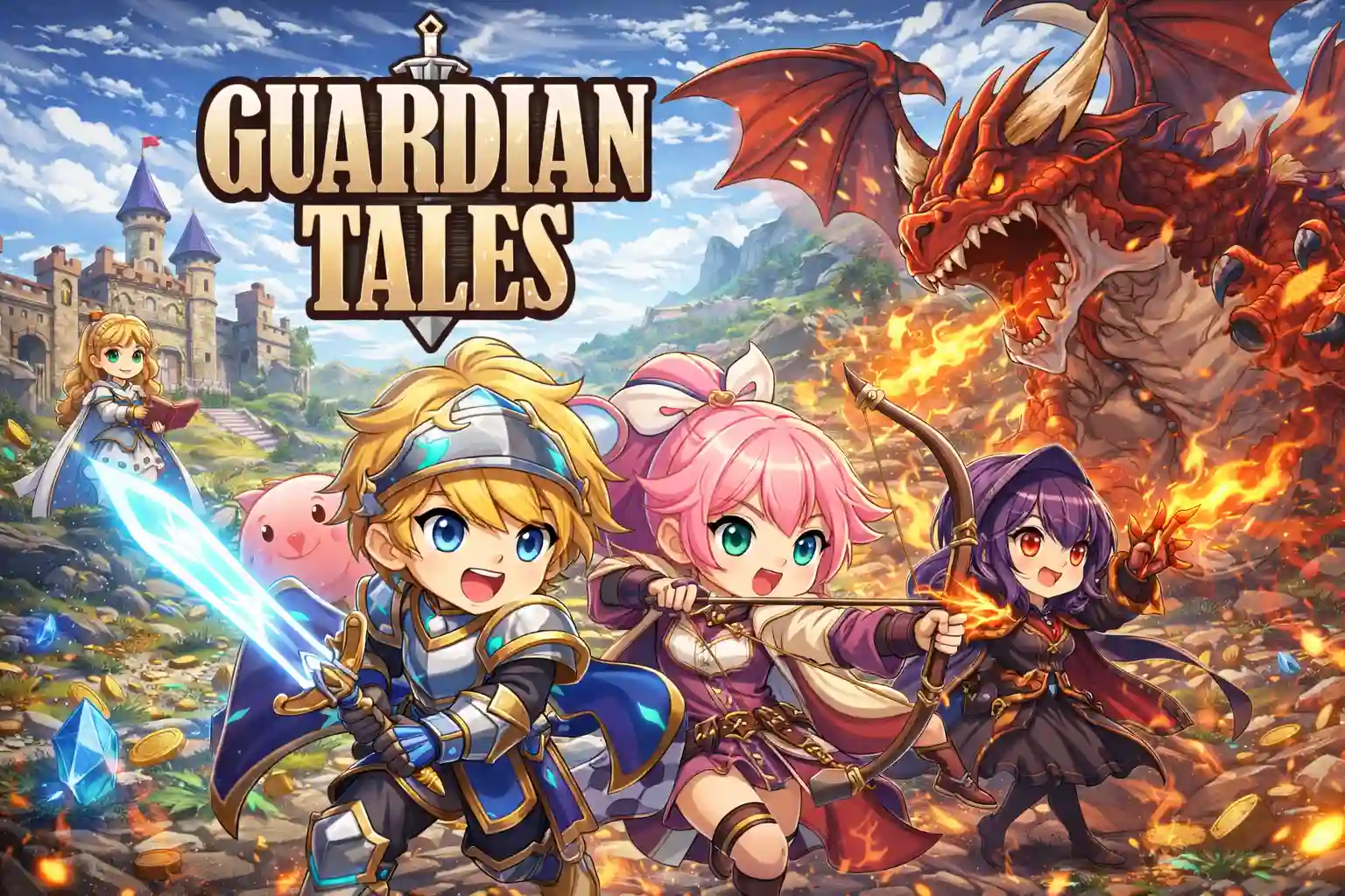 colorful adventure scene from guardian tales showing story-driven pixel rpg world
