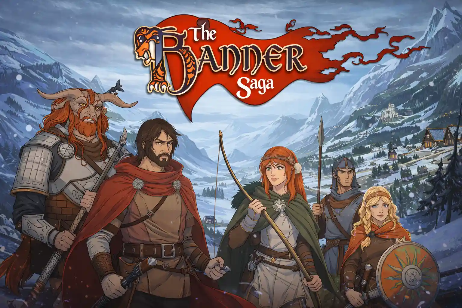 nordic fantasy story scene from the banner saga with characters and dramatic setting