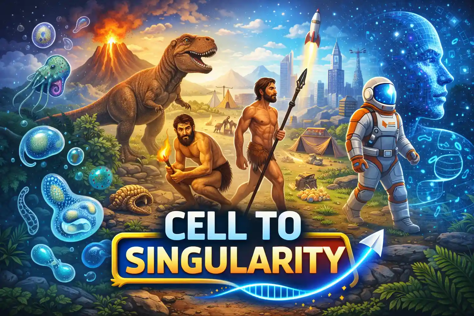 Cell to Singularity incremental evolution game on Android showing science based progress and offline growth